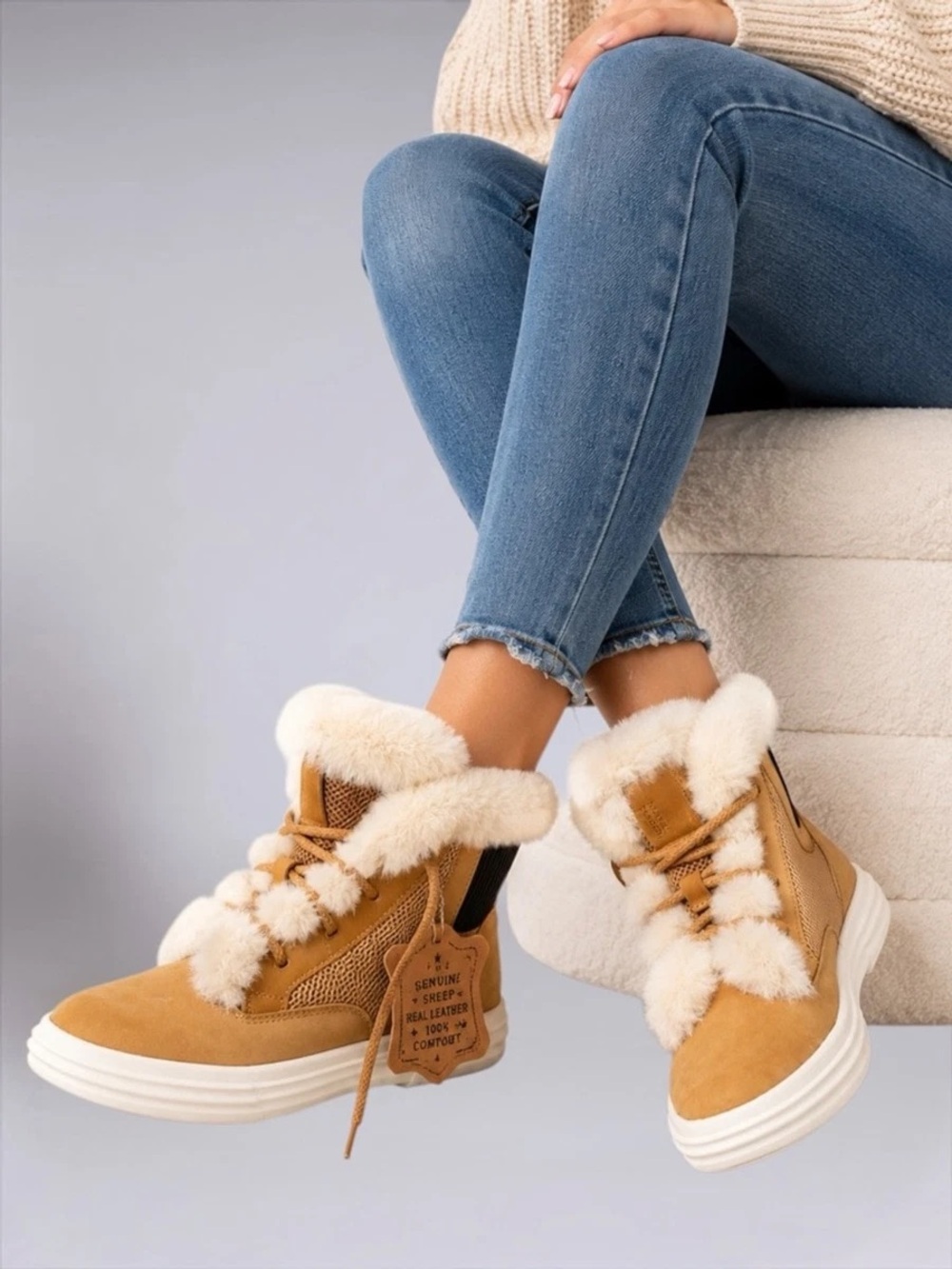 Mark Nason Tan leather Shearling Lace-Up Winter/fall Boots